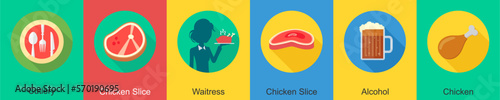A set of 6 Food icons as cutlery, chicken slice, waitress