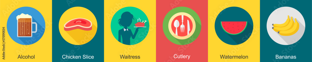 A set of 6 Food icons as alcohol, chicken slice, waitress A set of 6 Food icons as alcohol, chicken slice, waitress