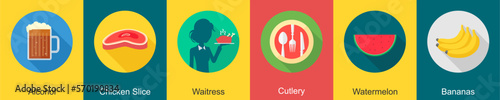 A set of 6 Food icons as alcohol, chicken slice, waitress