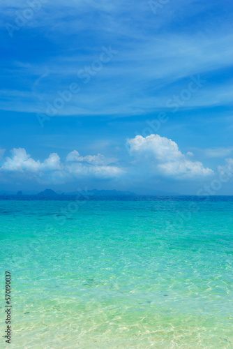 Idyllic view of the ocean and sky. Blue sea background. Phuket, Thailand. Traveling concept.