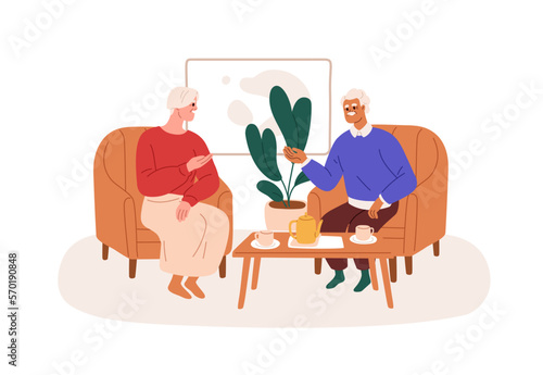 Old love couple relaxing with tea. Happy man and woman of senior age resting at home, talking. Elderly wife and older husband communication. Flat vector illustration isolated on white background