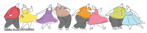 Set of overweight couples. Sketch of fat people dancing at a party. Dance school or speed date. Cardio workout for weight loss. Plus size woman and man enjoy life.