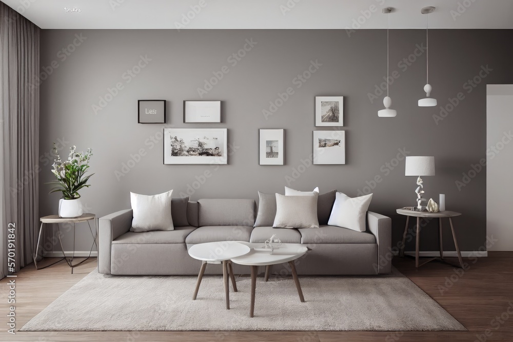 Elegant and comfortable designed living room with big corner sofa. Interior design modern apartment. Generative AI.