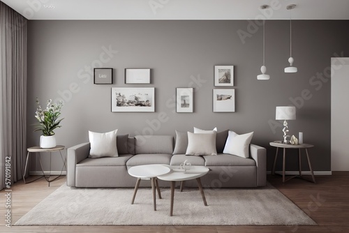 Elegant and comfortable designed living room with big corner sofa. Interior design modern apartment. Generative AI.