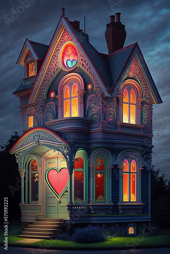 love house where the architecture inspired by a heart, colorful lighting photo