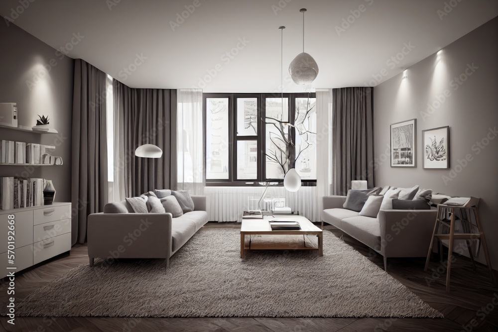 Fototapeta premium Elegant and comfortable designed living room with big corner sofa. Interior design modern apartment. Generative AI.