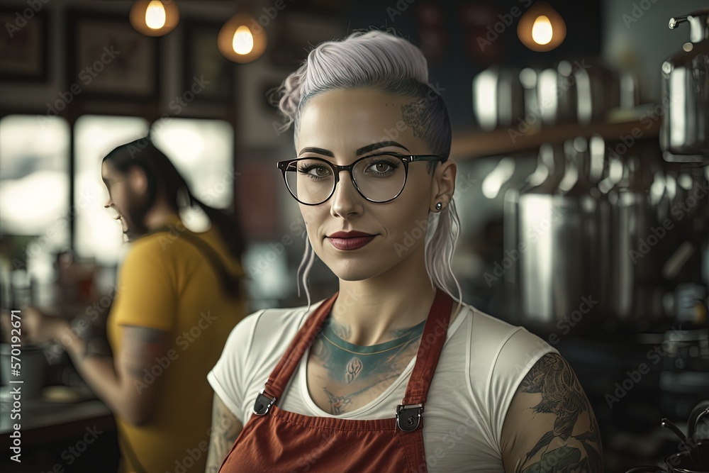 portrait of a woman face, hipster barista at coffee shop, Generative Ai not real person 