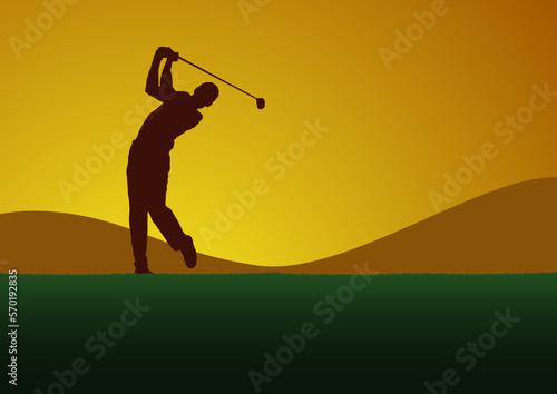 Golf club competition tournament, sunset background. Vector poster with man playing game on green