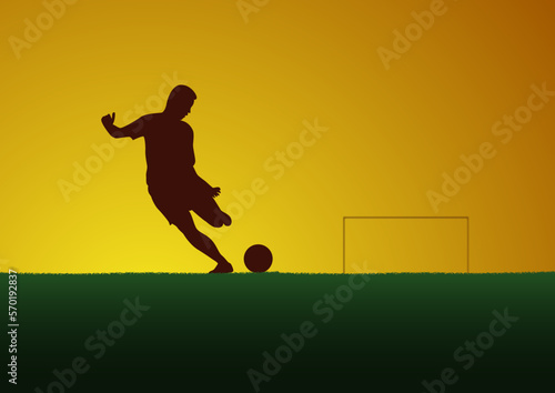 Football competition tournament, sunset background. Vector poster with man playing game and ball