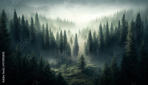 foggy forest landscape view from above