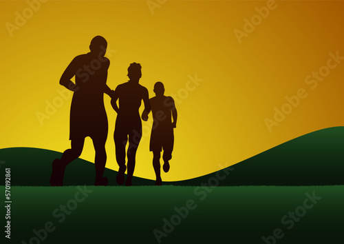 runners, marathon in the countryside on sunset, Vector poster cross country