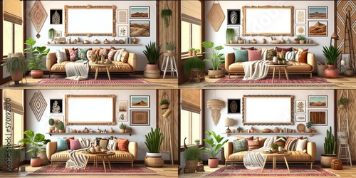 Mockup frame in interior background, room in warm tone, Scandi-Boho style, Generative AI © Interior Stock Photo