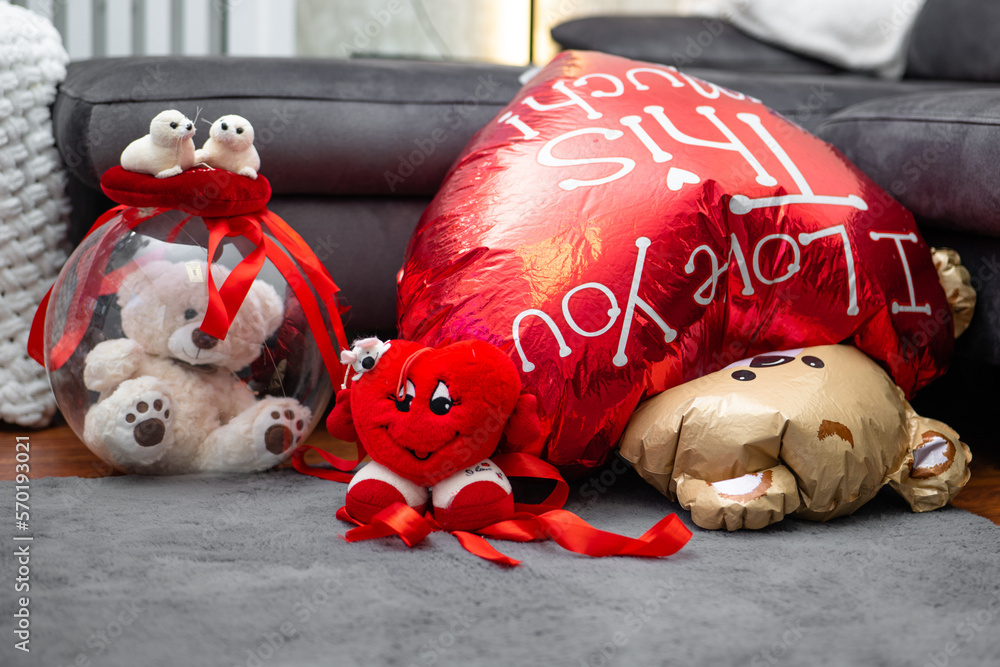 Cute teddy soft bear with red heart. Valentine's day or 8 March celebration