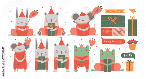 Set of holiday clip arts with cute minimalistic animals, flowers, gifts, party hat, confetti. Vector flat illustrations with baby rabbit, bear, frog, mouse. Kid's drawings for birthday card, sticker.