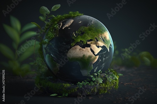 Green world on dark background  Earth day  Environment protection concept. Generative Ai