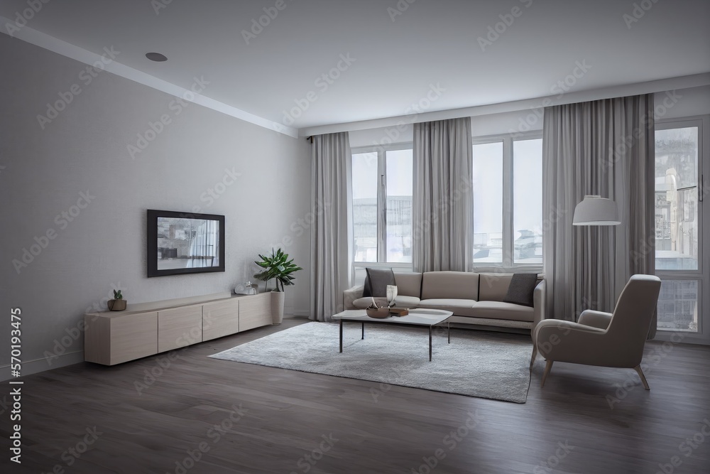 Fototapeta premium Elegant and comfortable designed living room with big corner sofa. Interior design modern apartment. Generative AI.