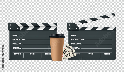 Movie Clapperboard Vector Templates With Coffee Cup And Cinema Tickets - Open And Closed Director Clapboard Set Isolated On Transparent Background