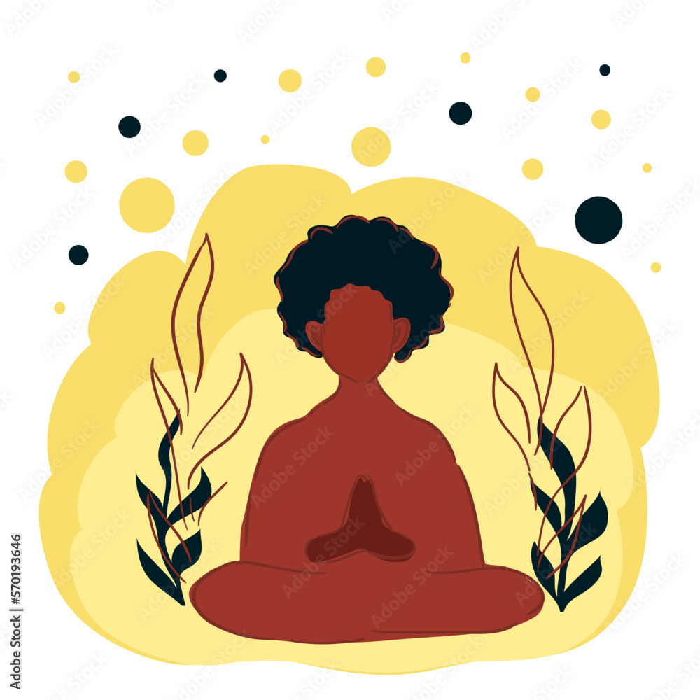 Vector illustration with female silhouette in meditating pose. Yoga concept print, poster, card and flyer design.