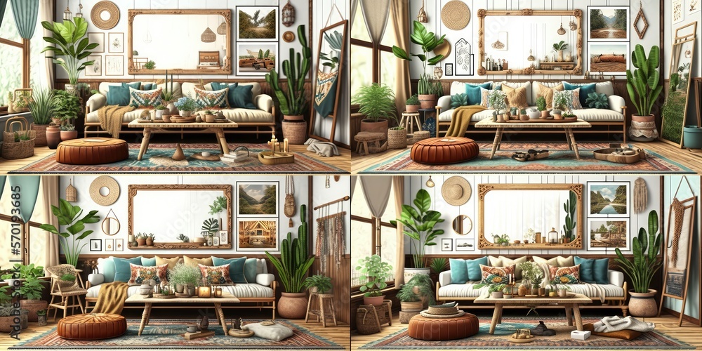 Mockup frame in interior background, room in warm tone, Scandi-Boho style, Generative AI