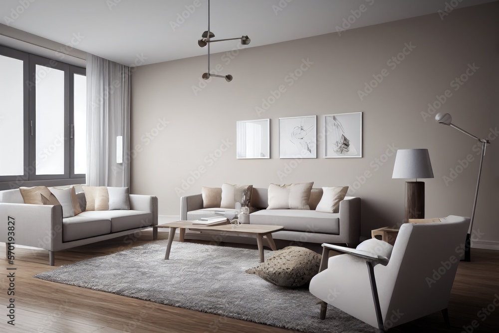 Elegant and comfortable designed living room with big corner sofa. Interior design modern apartment. Generative AI.