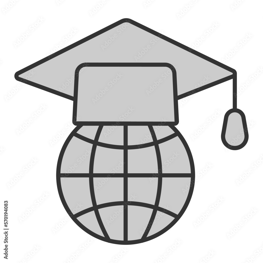 Academic cap on the globe - icon, illustration on white background, grey style Academic cap on the globe - icon, illustration on white background, grey style