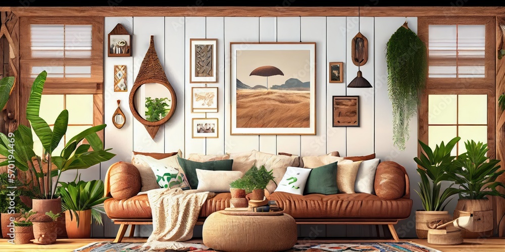 Mockup frame in interior background, room in warm tone, Scandi-Boho style, Generative AI