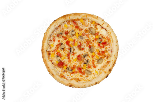 isolated veggie pizza for menu top view. italian cuisine, fresh pizza. Top flat lay view.