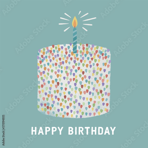 Happy birthday square card with a  colorful hand drawn cake with powder and a burning candle in pastel colors. Rainbow cake hand drawn watercolor illustration