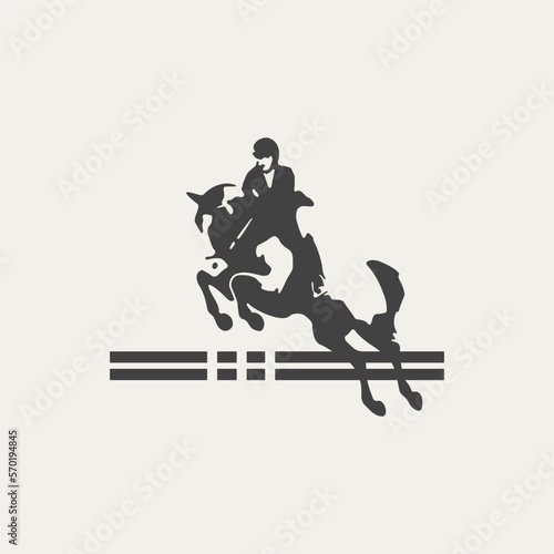 Equestrian athlete riding horse during show jumping competition,  black and white vector outline
