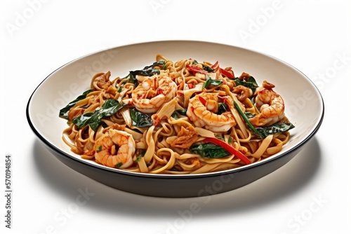 Stir fried Spicy Spaghetti Seafood Thai Style (Spaghetti Pad Kee Mao) on White Dish, Isolated on White Background with Shadow, Front Side view. Selective Focus at the front. Generative AI
