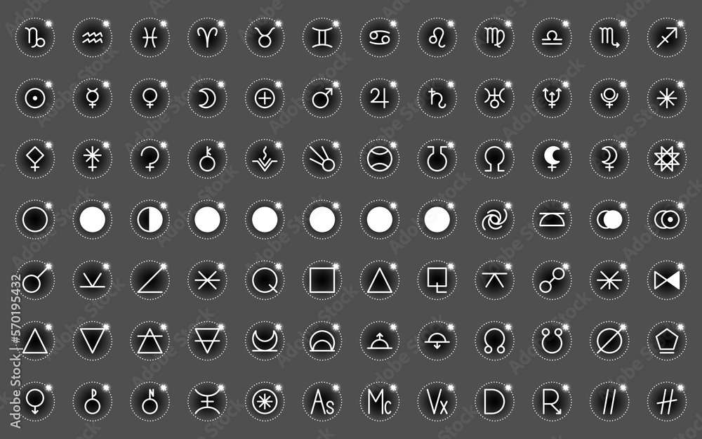 Zodiac, astrology elements, solar system, moon phases horoscope thin line label linear design esoteric stylized elements symbols signs. Vector illustration icons Zodiac, astrology elements, solar system, moon phases horoscope thin line label linear design esoteric stylized elements symbols signs. Vector illustration icons