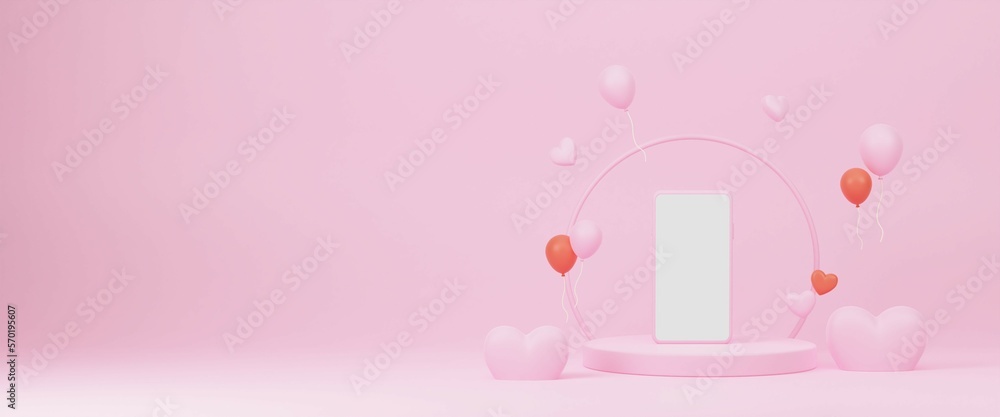 Happy Valentine's Day holiday card. 3d render illustration with smartphone, hearts, balloons and on podium. Greeting design with abstract 3d composition for Valentine's Day.