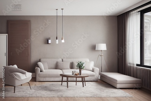 Elegant and comfortable designed living room with big corner sofa. Interior design modern apartment. Generative AI.