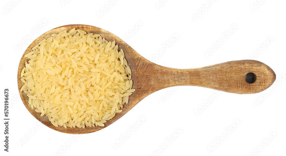 Parboiled uncooked rice pile in wooden spoon isolated on white, top view Parboiled uncooked rice pile in wooden spoon isolated on white, top view