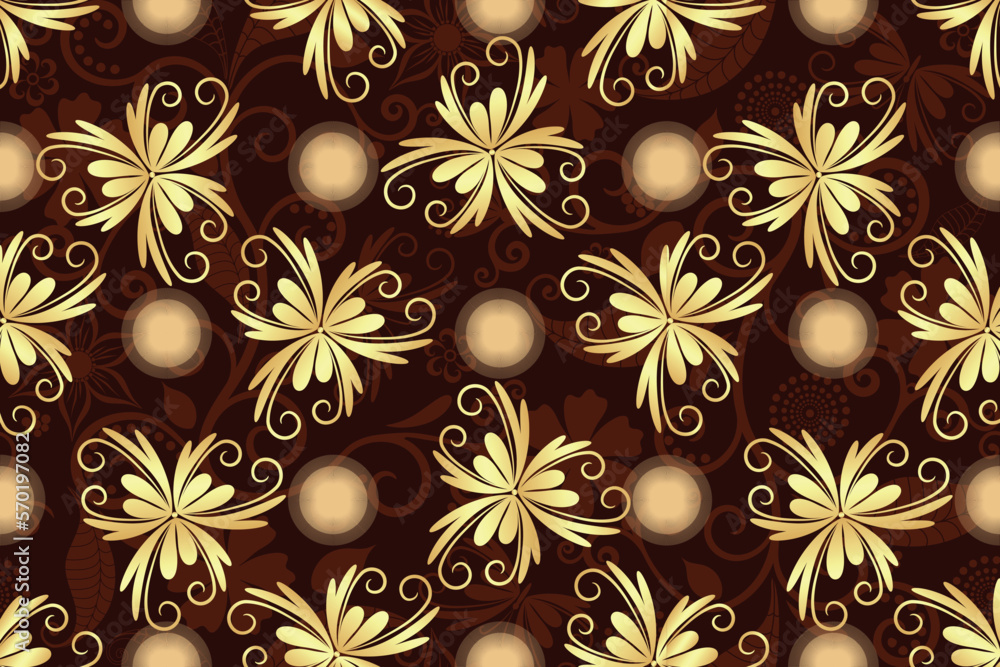 Vector seamless floral pattern with golden gradient flowers and dots and vintage pattern on brown Vector seamless floral pattern with golden gradient flowers and dots and vintage pattern on brown