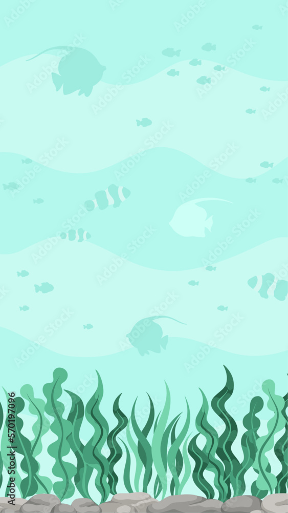Underwater scene with fishes and seaweed. Marine life vector design ...