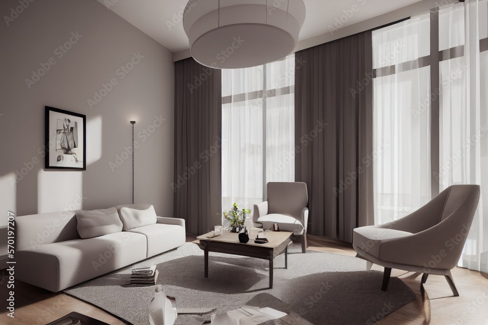 Fototapeta premium Elegant and comfortable designed living room with big corner sofa. Interior design modern apartment. Generative AI.