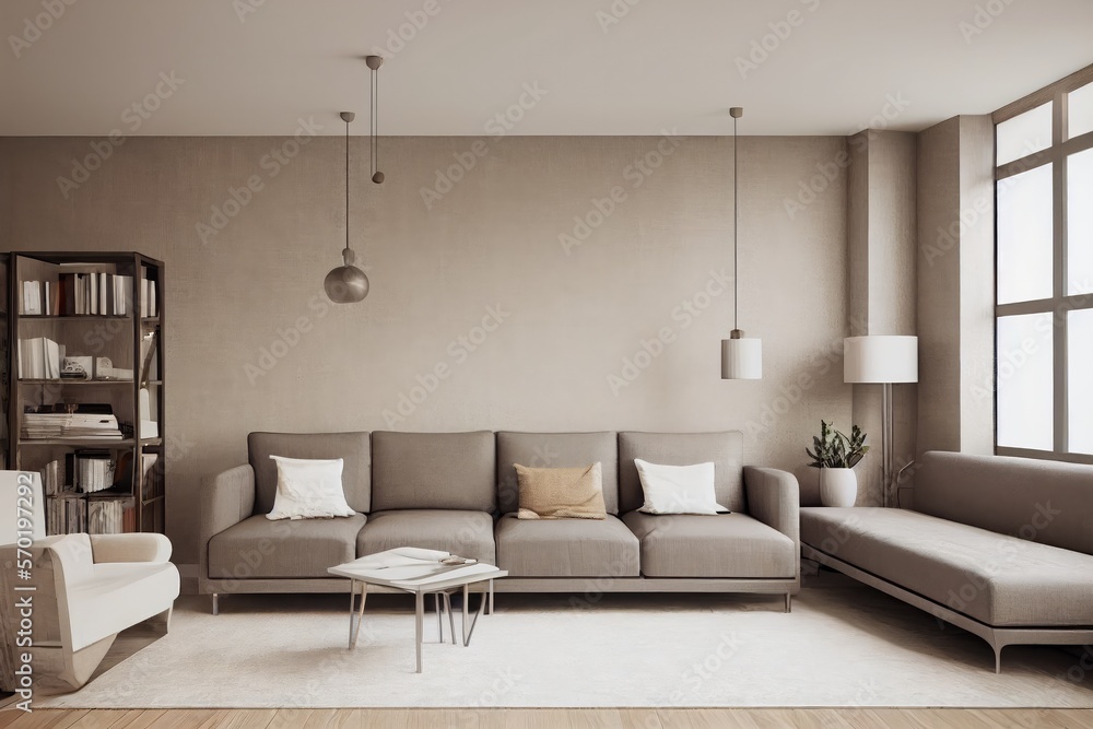 Elegant and comfortable designed living room with big corner sofa. Interior design modern apartment. Generative AI. Elegant and comfortable designed living room with big corner sofa. Interior design modern apartment. Generative AI.