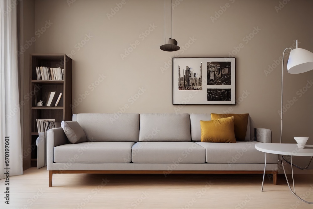 Fototapeta premium Elegant and comfortable designed living room with big corner sofa. Interior design modern apartment. Generative AI.