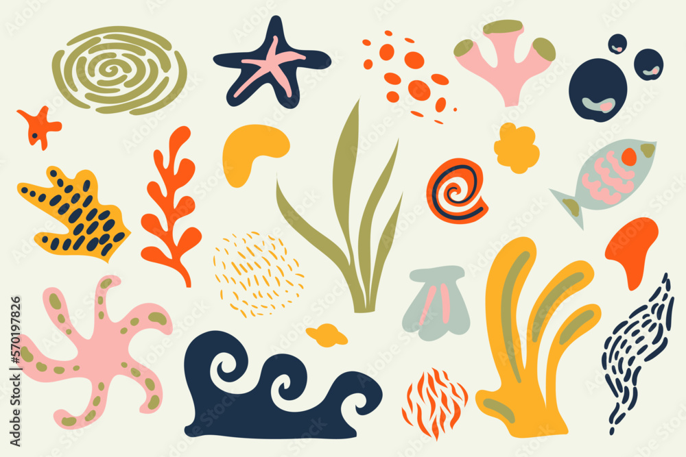 Obraz premium Marine set with sea shells. Collection of seabed flora and fauna design elements. Modern doodle elements, hand drawn scribble set, contemporary vector illustration. Abstract organic shapes.