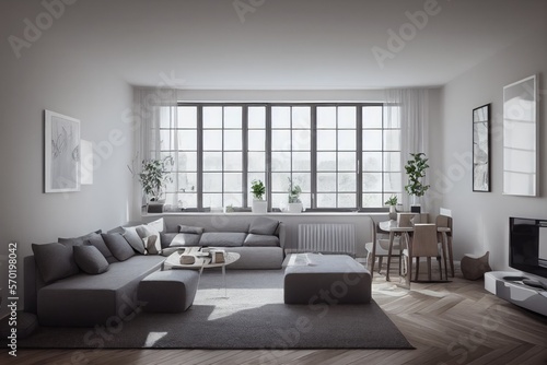 Stylish scandinavian composition of living room with design armchair, mock up poster frame, personal accessories in modern home decor. Generative AI.