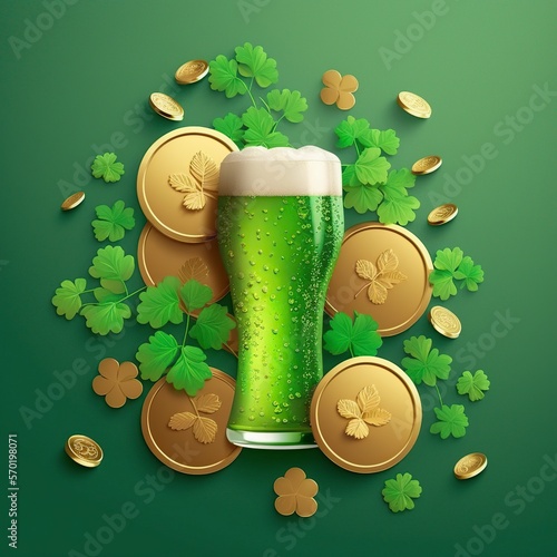 green background illustration, gold coins and beer, st patrick , generative ai