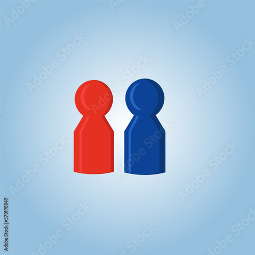 A red and blue figure stand together on a blue background. Two different sexes are male and female