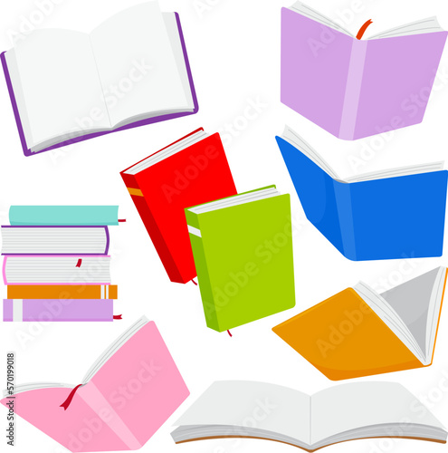 Various books collection for reading, pile of textbooks for education. Vector illustration set