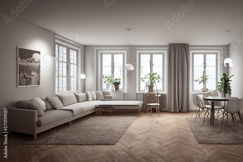 Stylish scandinavian composition of living room with design armchair, mock up poster frame, personal accessories in modern home decor. Generative AI.