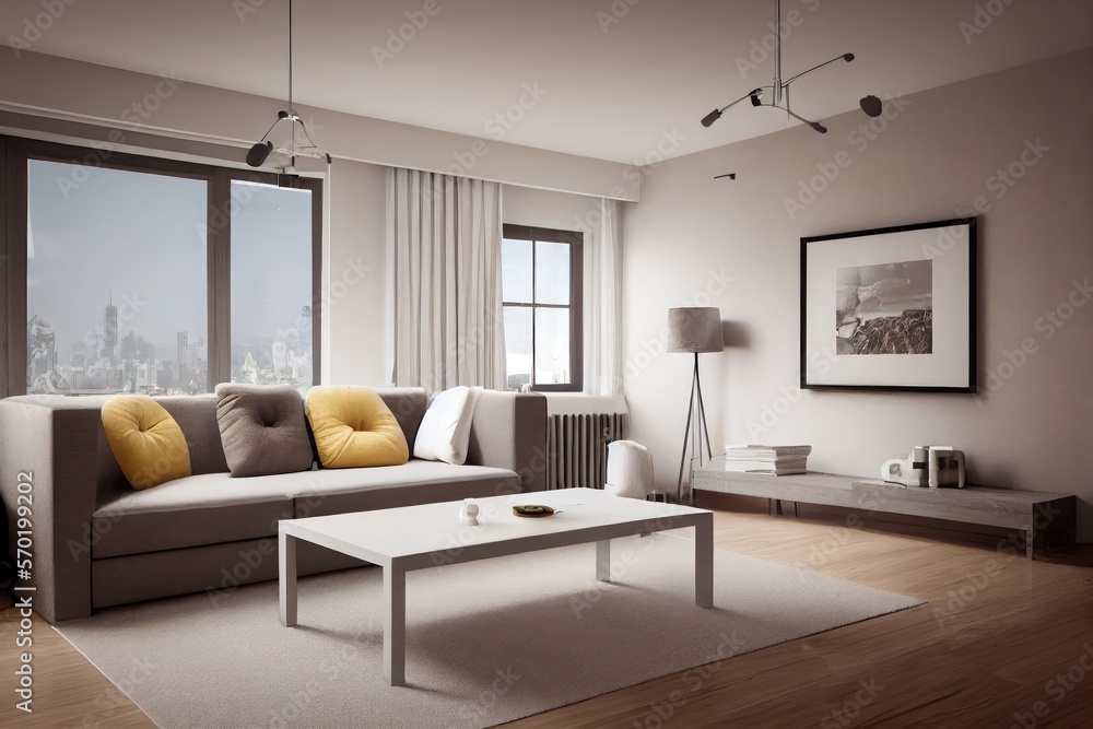 Fototapeta premium Elegant and comfortable designed living room with big corner sofa. Interior design modern apartment. Generative AI.