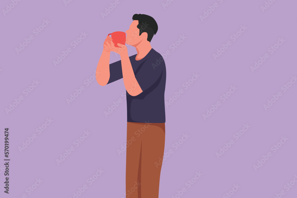 Cartoon flat style drawing young man standing and kissing cup in happy mood. Product photo session with a model to introduce latest beverage brand. Success business. Graphic design vector illustration Cartoon flat style drawing young man standing and kissing cup in happy mood. Product photo session with a model to introduce latest beverage brand. Success business. Graphic design vector illustration