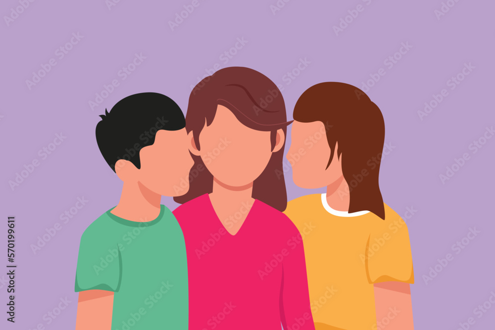 Cartoon flat style drawing portrait of adorable son and daughter kissing their mother. Happy mothers day concept. Family holiday. Love of children with their mother. Graphic design vector illustration Cartoon flat style drawing portrait of adorable son and daughter kissing their mother. Happy mothers day concept. Family holiday. Love of children with their mother. Graphic design vector illustration