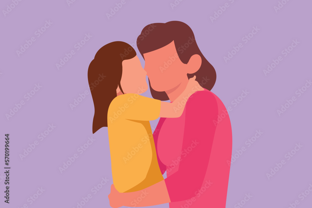 Obraz premium Graphic flat design drawing sweet little girl is hugging and kissing her beautiful mom in cheek while sitting on bed at home. Mothers day. Happy mother and daughter. Cartoon style vector illustration