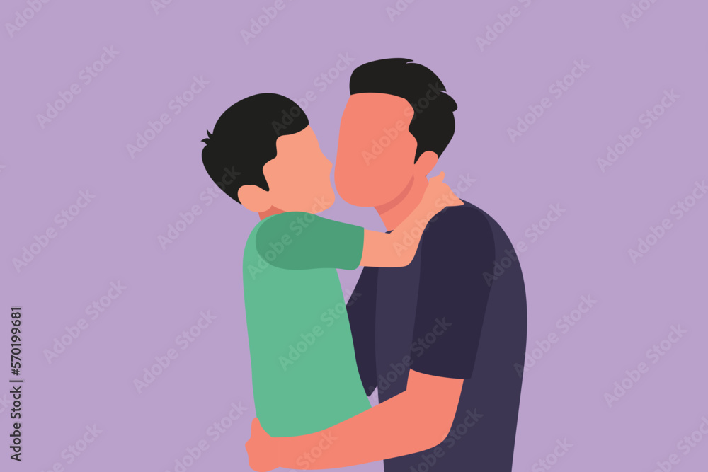 Cartoon flat style drawing sweet little boy hugging and kissing his handsome daddy in cheek while sitting on bed at home. Fathers day concept. Happy father and son. Graphic design vector illustration Cartoon flat style drawing sweet little boy hugging and kissing his handsome daddy in cheek while sitting on bed at home. Fathers day concept. Happy father and son. Graphic design vector illustration
